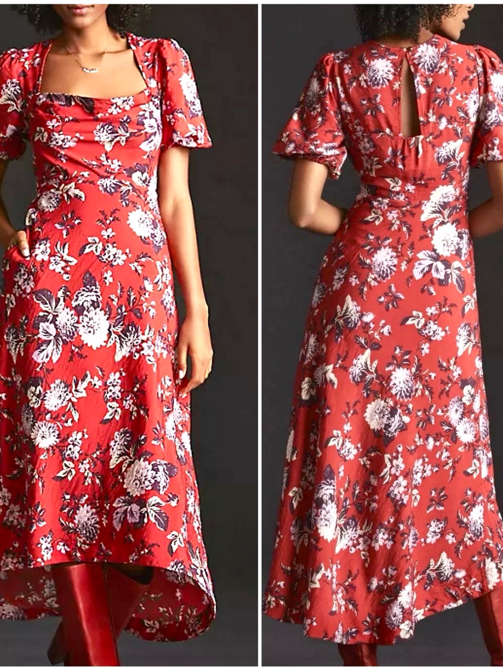 Anthropologie Size 16 Maeve Red Floral Puff Short Sleeve High-Low Midi Dress